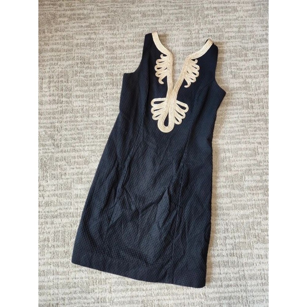 Lilly Pulitzer Janice Black Gold Trim Shift Dress size 8